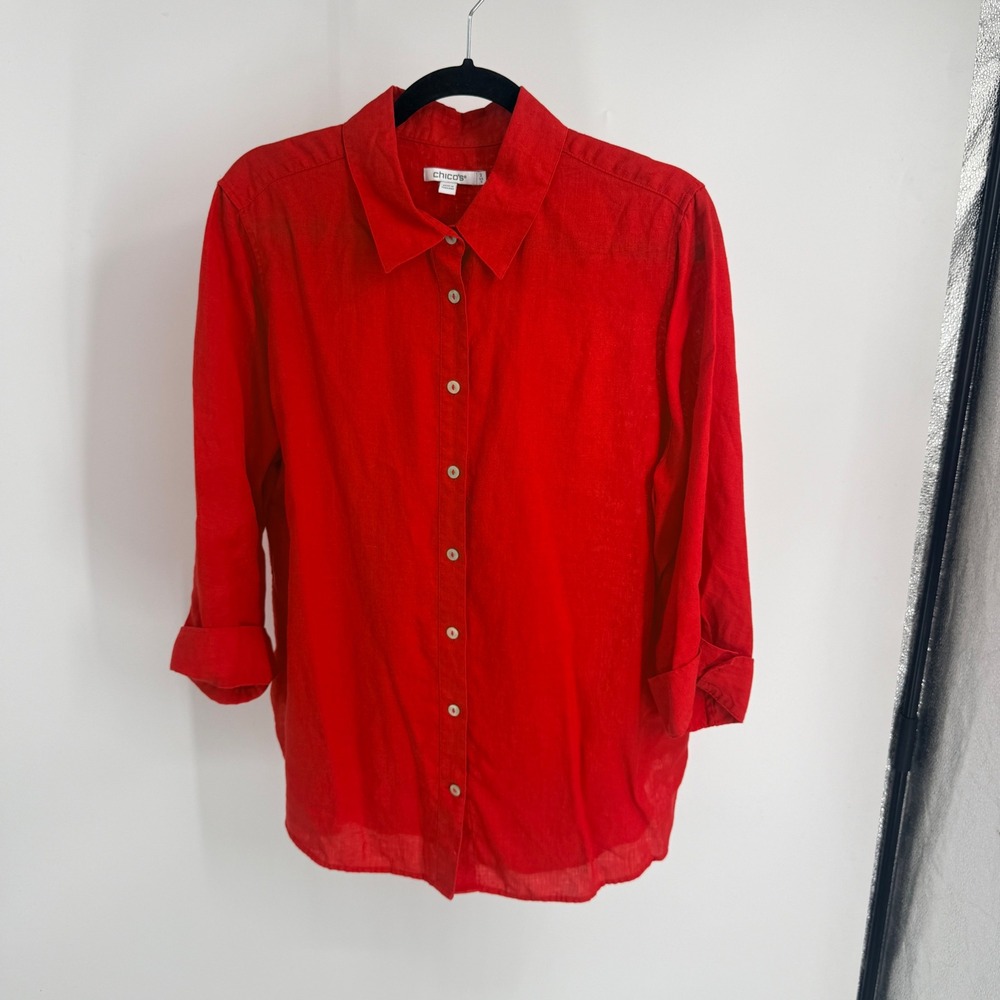 Chico's Red 100% Linen Button Down Shirt Long Sleeve Size 2 US 12